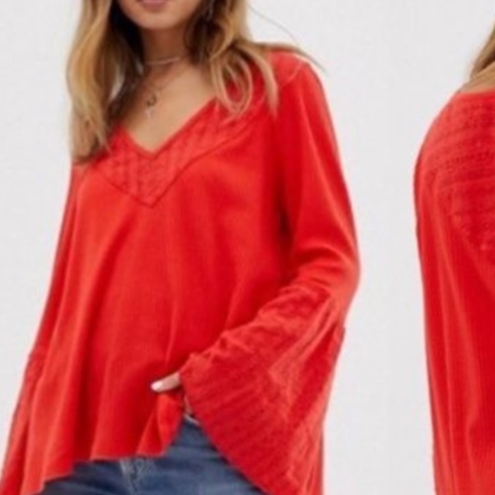 Free People Parisian nights Bell Sleeve eyelet bolo blouse